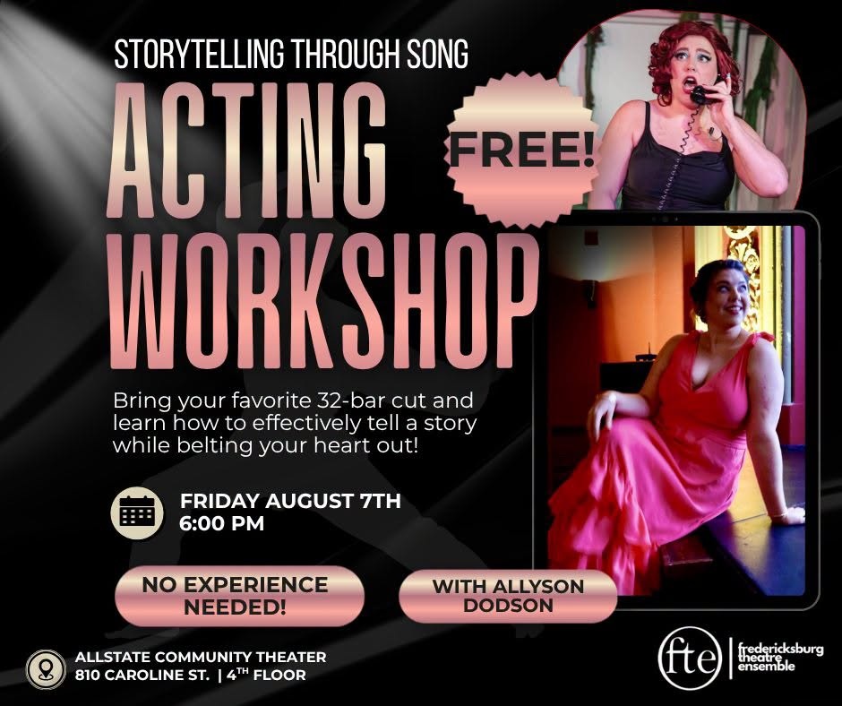Acting Through Song workshop poster advertising Friday, August 7 at 6:00 PM at Allstate Community Theater.