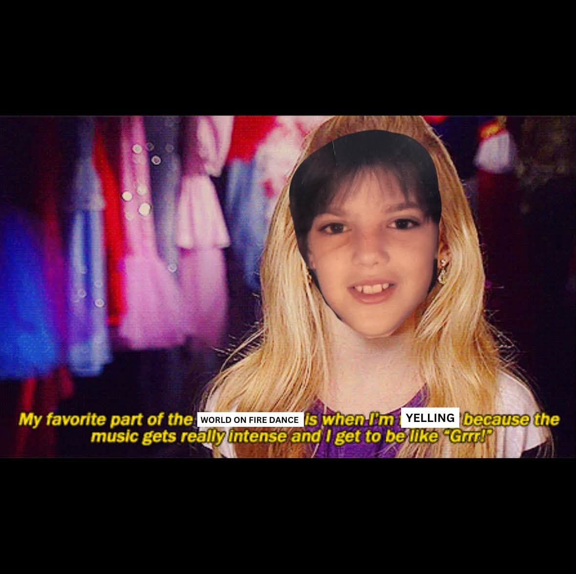 Dance Nation meme about Vanessa yelling during the World on Fire dance.