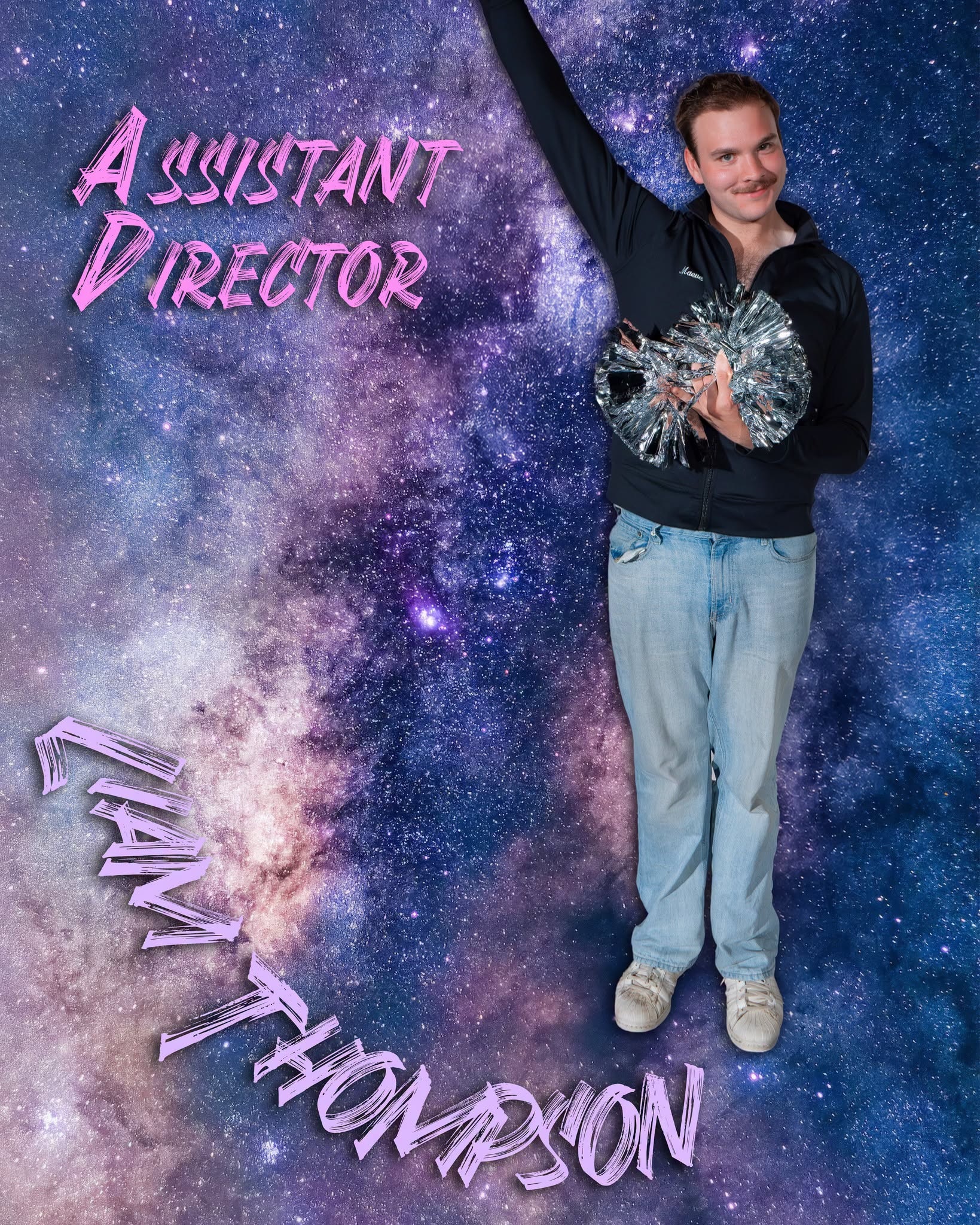 Dance Nation's assistant director poses with silver pom-poms against a galaxy backdrop.