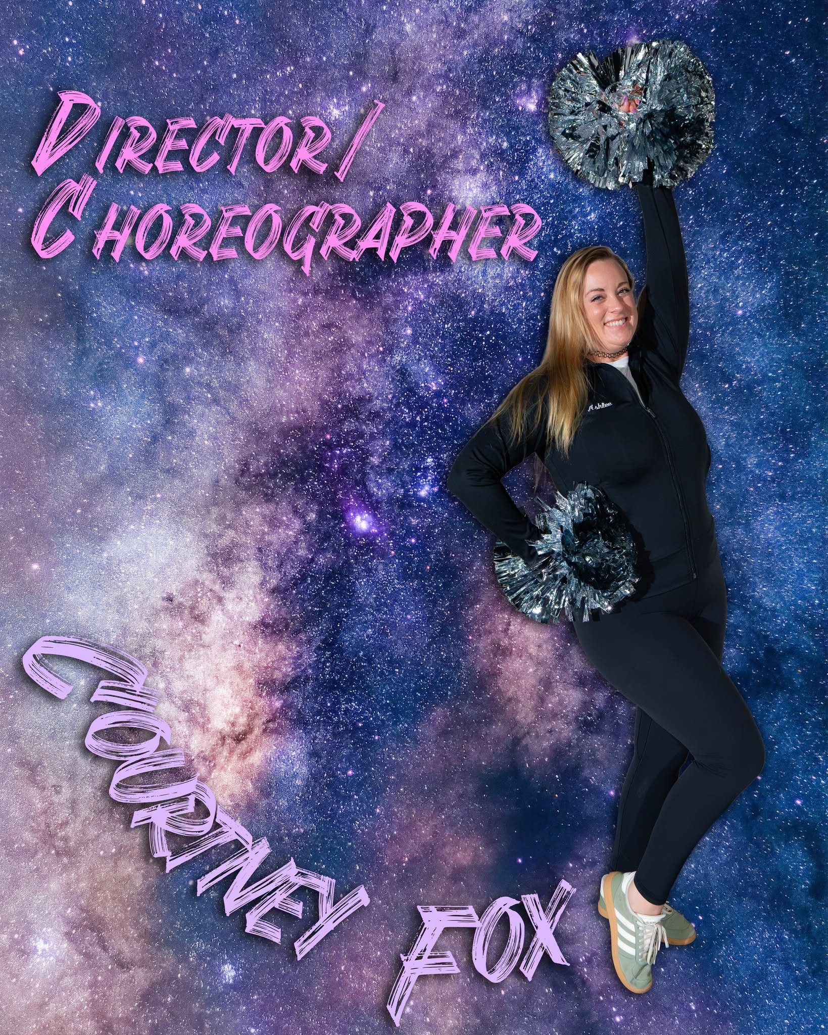 Director and choreographer Courtney Fox poses with silver pom-poms against a galaxy backdrop.