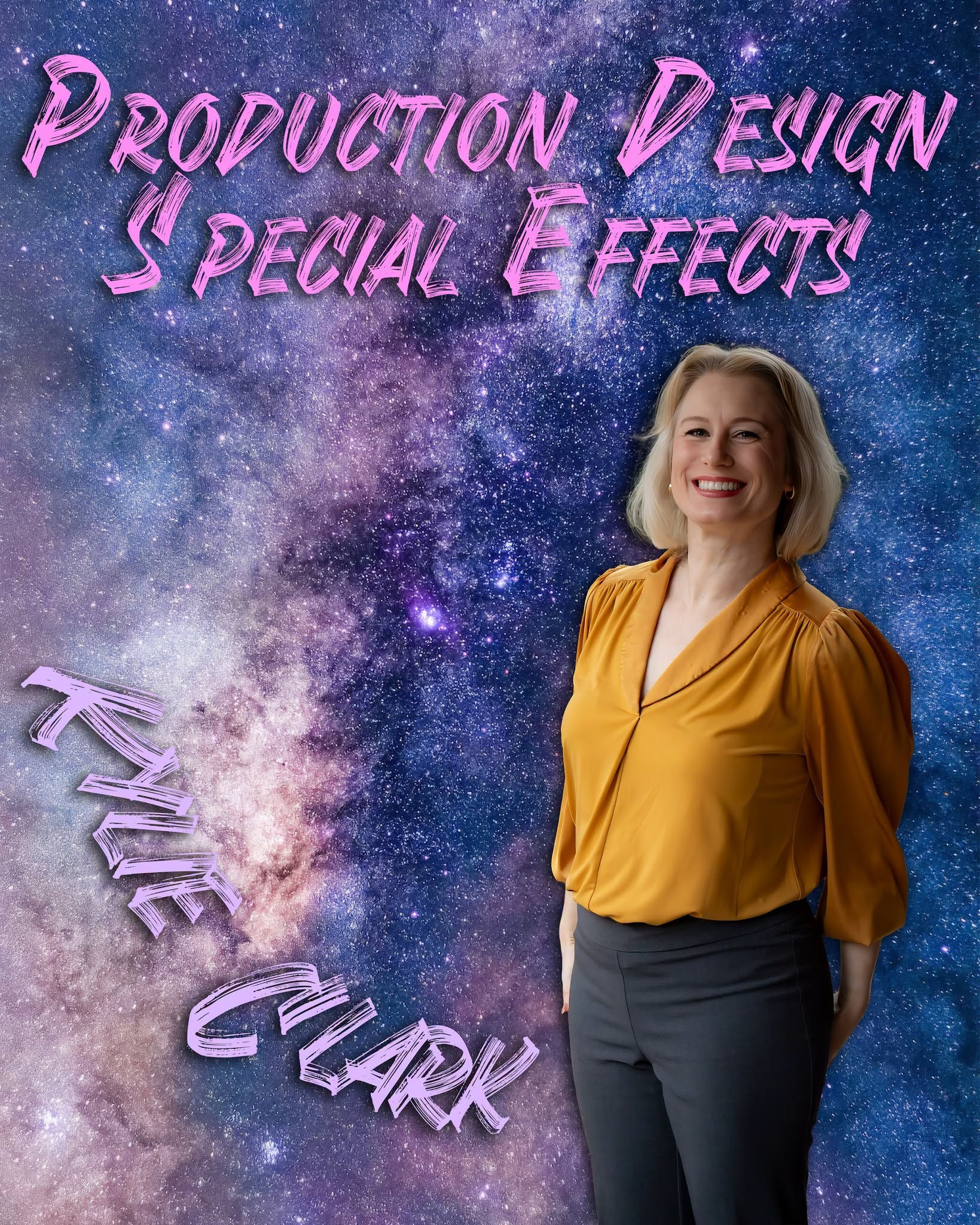 Dance Nation's production designer and special-effects artist poses against a galaxy backdrop.