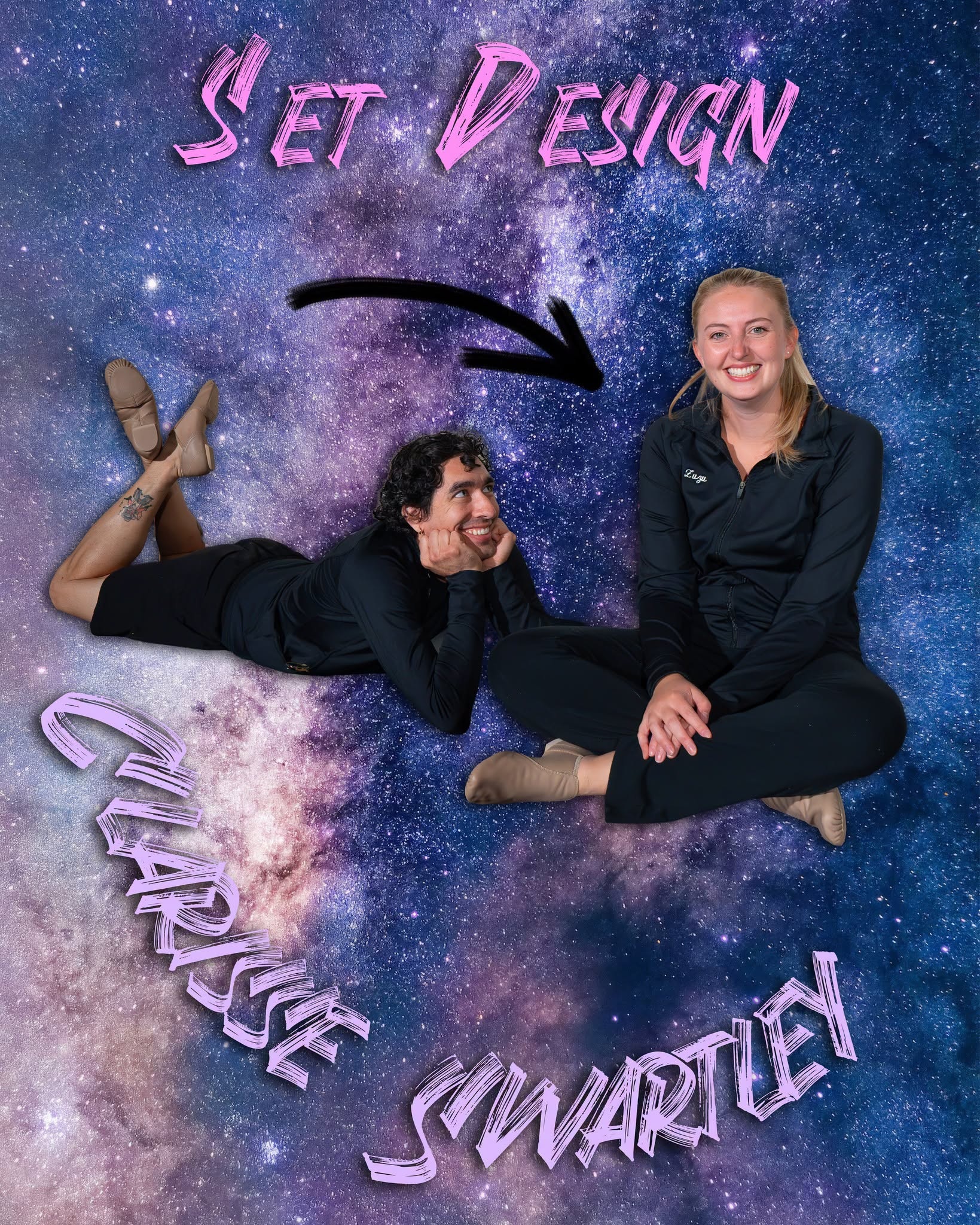Members of the Dance Nation set design team pose together against a galaxy backdrop.