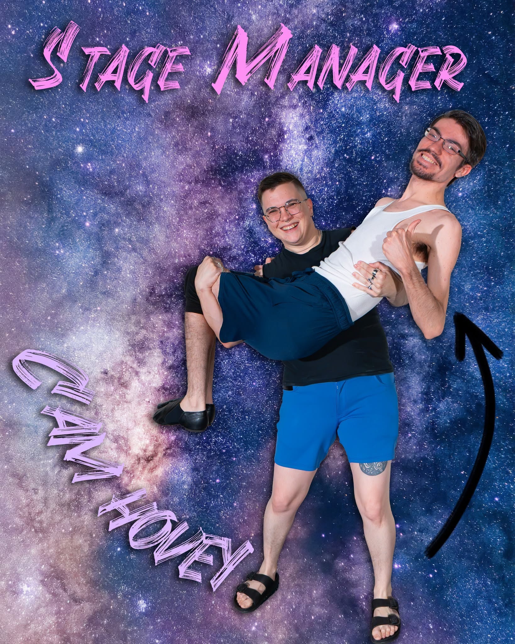 Dance Nation's stage manager holds a company member against a galaxy backdrop.