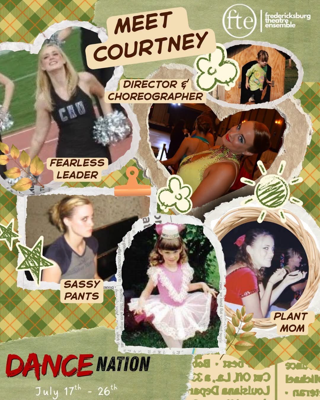 Production Team Spotlight collage introducing director and choreographer Courtney Fox for Dance Nation, featuring childhood and recent photos with playful scrapbook-style labels.