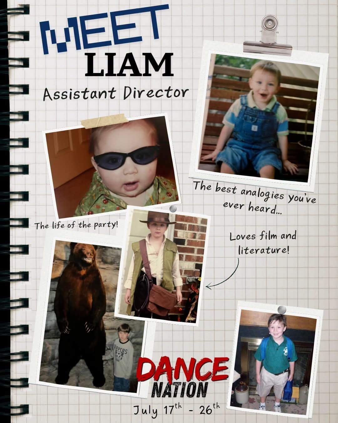 Production Team Spotlight collage introducing assistant director Liam Thompson for Dance Nation, featuring childhood photos and notebook-style design elements.