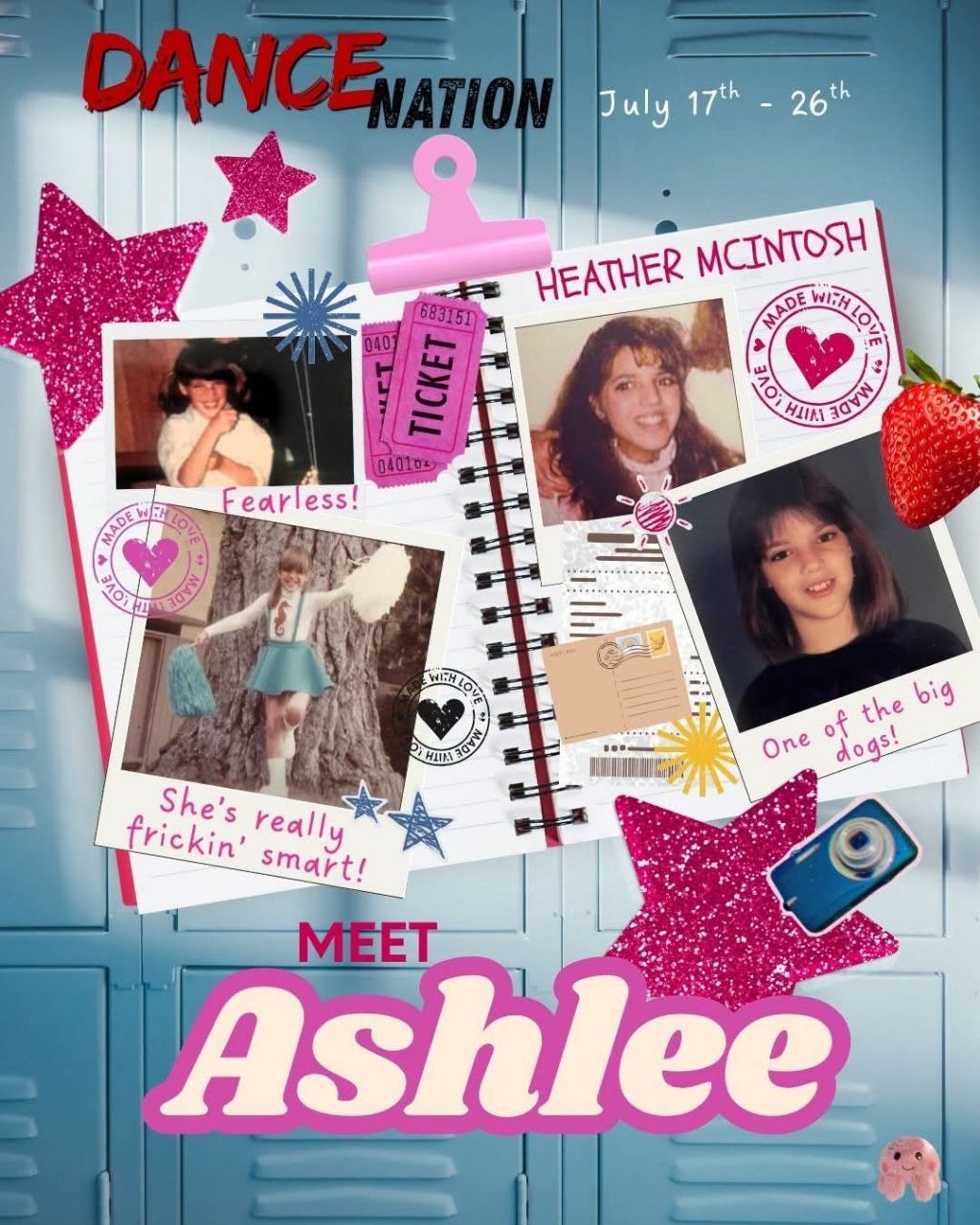 Character spotlight collage for Ashlee in Dance Nation featuring photos of Heather McIntosh.