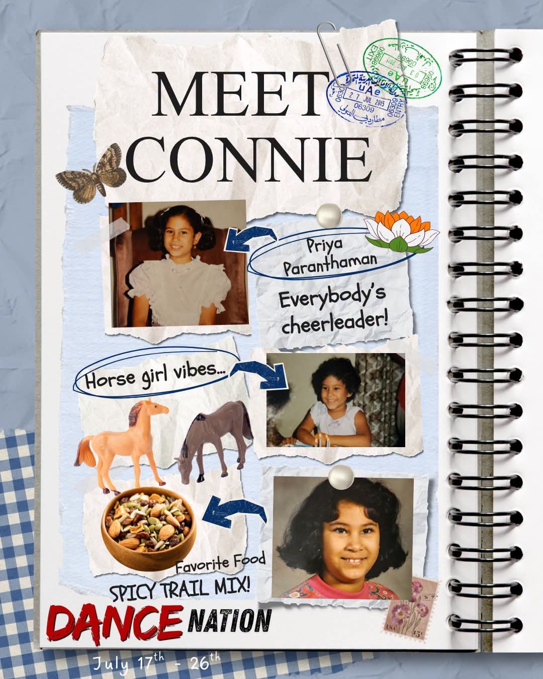 Character spotlight collage for Connie in Dance Nation featuring childhood photos of Priya Paranthaman, horse figurines, and spicy trail mix.