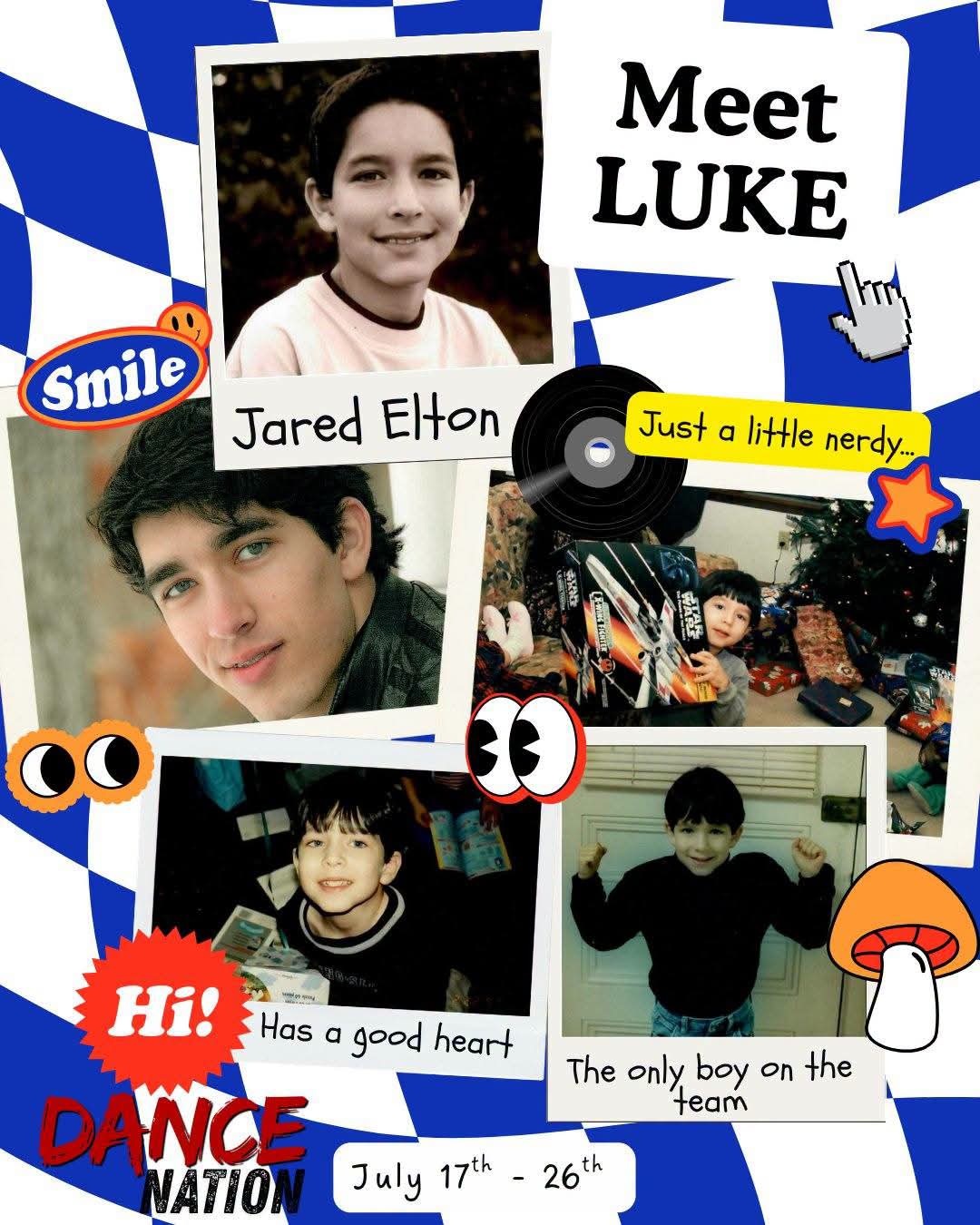 Character spotlight collage for Luke in Dance Nation featuring photos of Jared Elton.