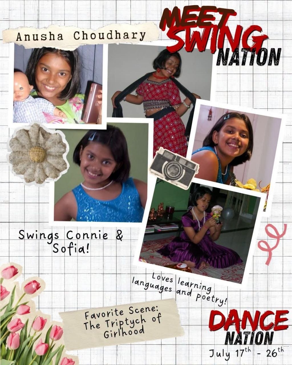 Meet Swing Nation collage for Anusha Choudhary, swing for Connie and Sofia in Dance Nation, featuring childhood photos and favorite scene The Triptych of Girlhood.