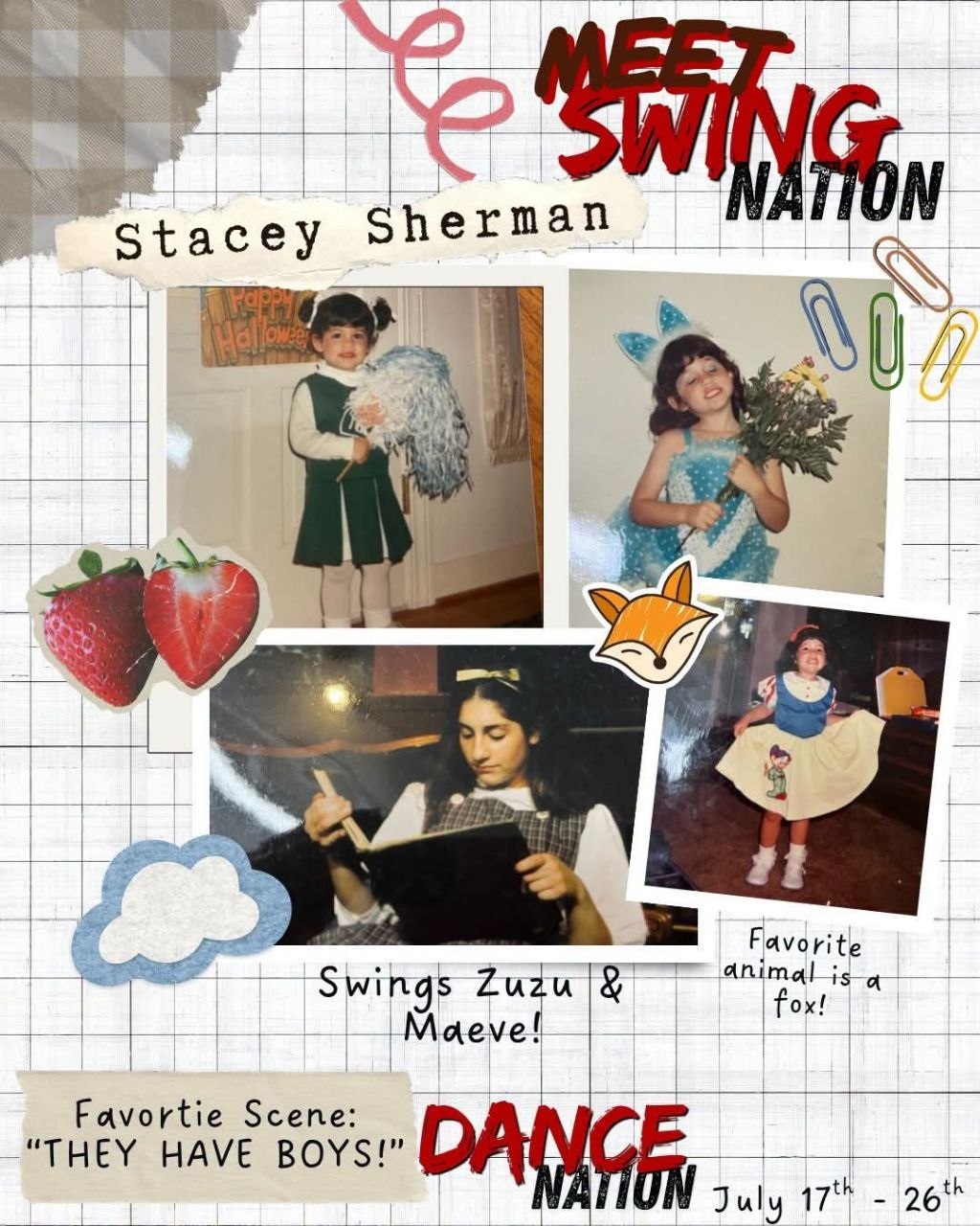 Meet Swing Nation collage for Stacey Sherman, swing for Zuzu and Maeve in Dance Nation, featuring childhood photos and favorite scene THEY HAVE BOYS.
