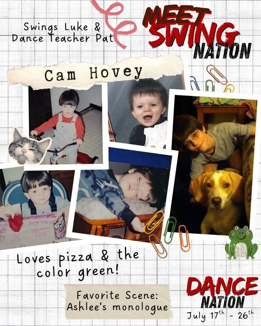 Meet Swing Nation collage for Cam Hovey, swing for Luke and Dance Teacher Pat in Dance Nation, featuring childhood photos and favorite scene Ashlee's monologue.