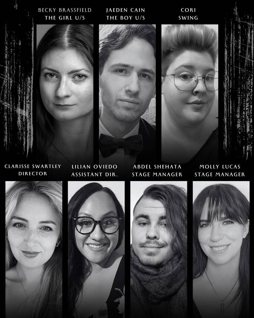Veronica’s Room card of black-and-white portraits: Becky Brassfield, The Girl u/s; Jaeden Cain, The Boy u/s; Cori, swing; Clarisse Swartley, director; Lilian Oviedo, assistant dir.; Abdel Shehata, stage manager; Molly Lucas, stage manager.