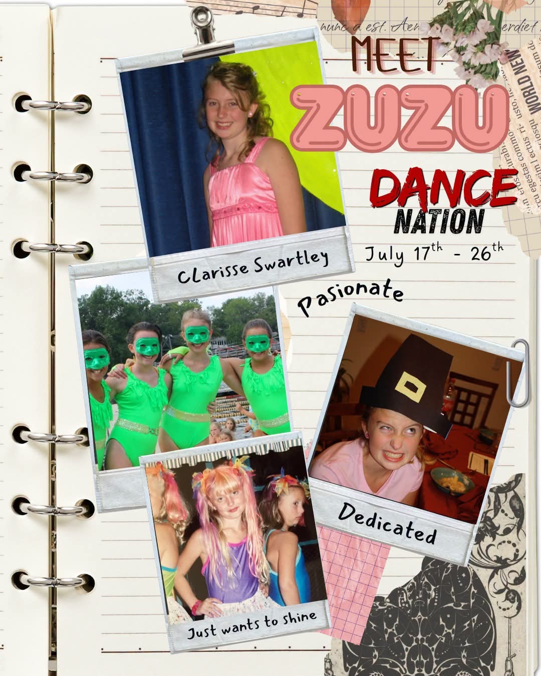 Character spotlight collage for Zuzu in Dance Nation featuring photos of Clarisse Swartley.