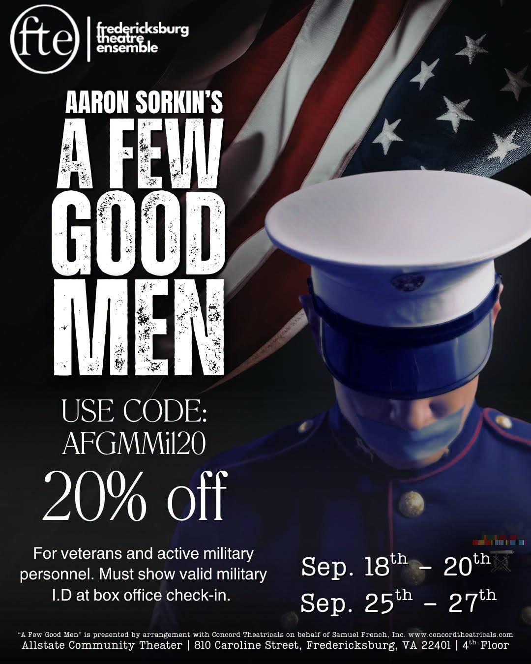 A Few Good Men poster: a Marine in dress blues before an American flag. Use code AFGMMil20 for 20% off. Sep. 18-20 and Sep. 25-27.