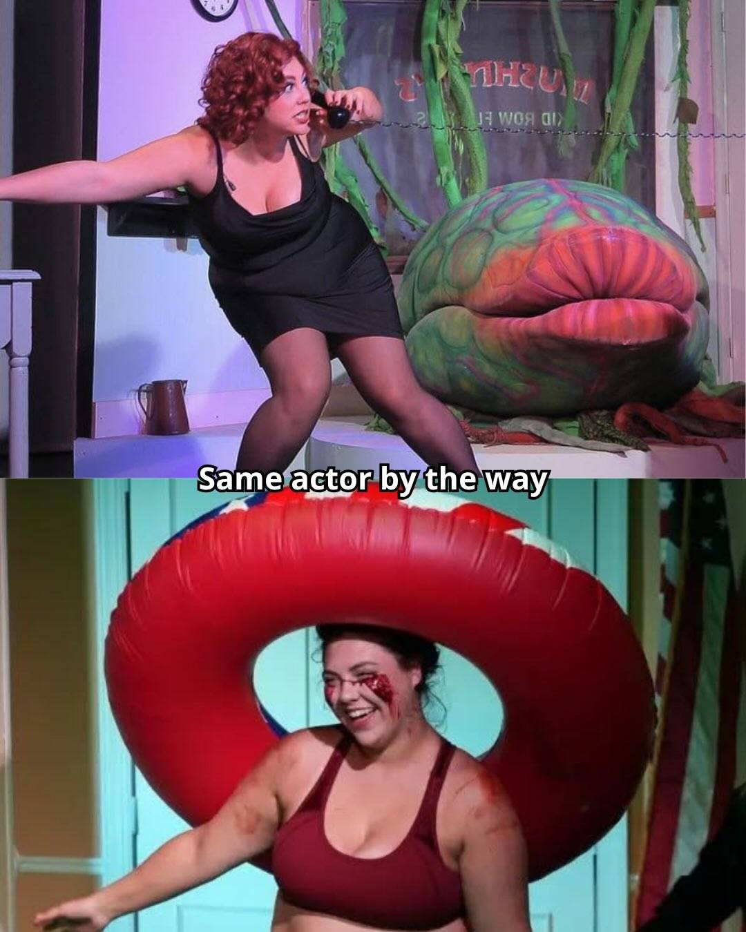 Two production photos labelled “Same actor by the way”: above, a performer in a black dress on the telephone beside the giant plant puppet under a Mushnik’s Skid Row Florists sign; below, the same performer with fake blood on one cheek, holding a red inflatable ring.