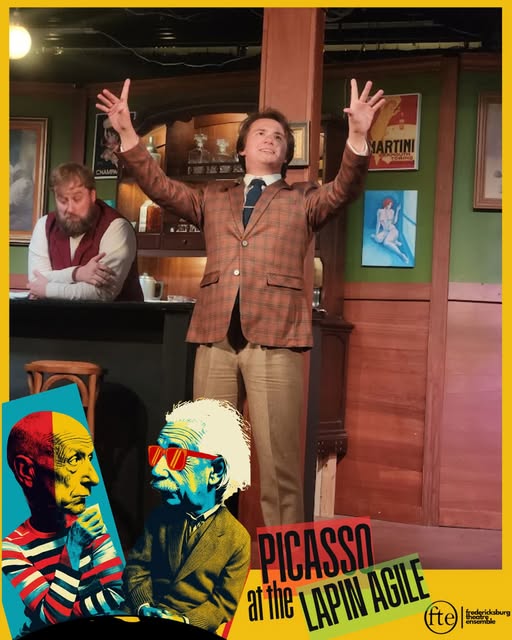 An actor in a plaid jacket stands center stage with arms raised in the Lapin Agile bar set, bartender behind him, framed by pop-art Picasso and Einstein cutouts and the Picasso at the Lapin Agile title.